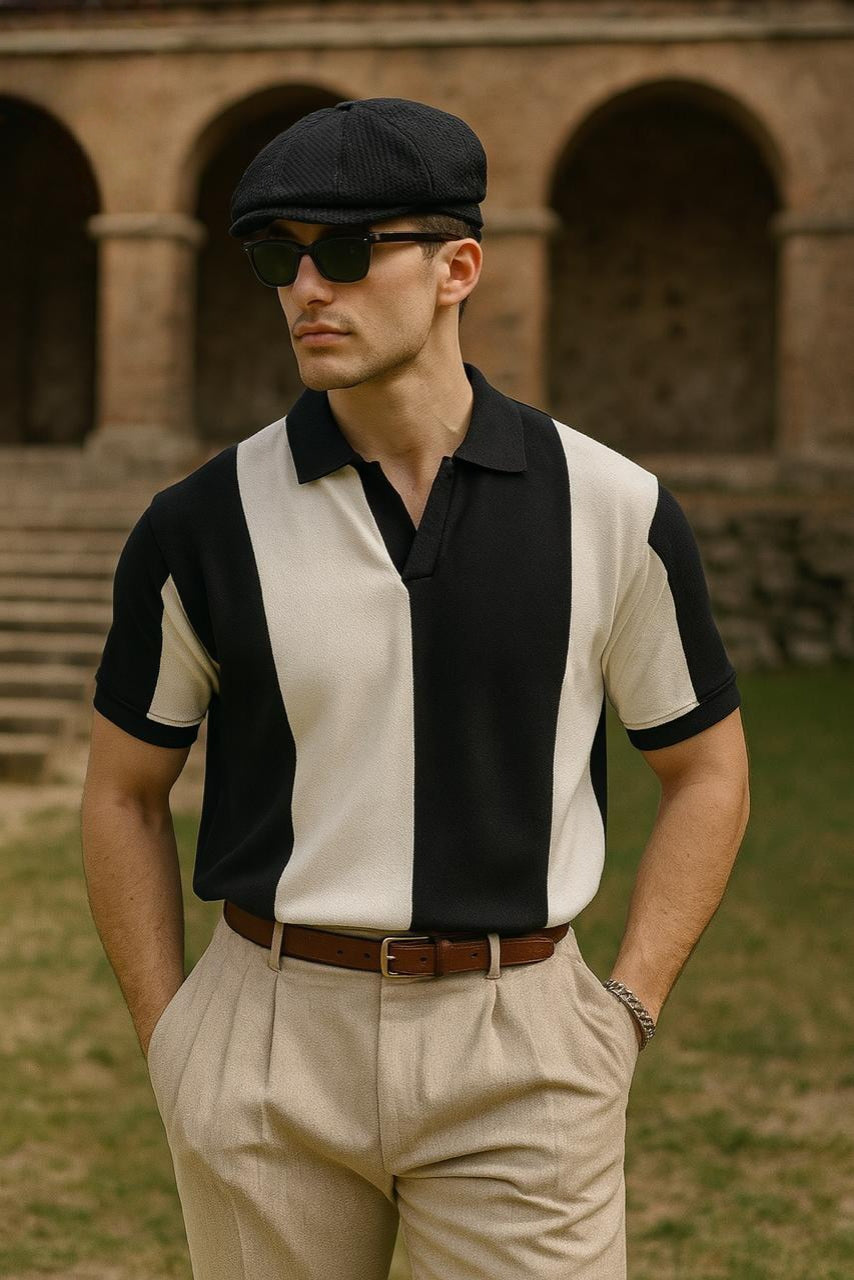 Men’s Retro Vertical Stripe Polo Shirt – Two-Tone Classic AZ -003