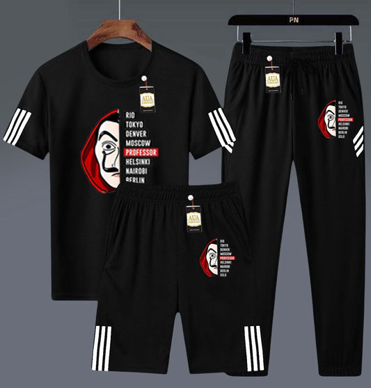 Men's 3-in-1 Graphic Print Black Athletic Set: T-Shirt, Shorts, and Jogger Pants AZ-4461