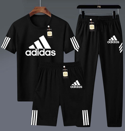 Men's 3-Piece Black Adidas-Inspired Athletic Set: T-Shirt, Shorts, and Jogger Pants AZ-4460