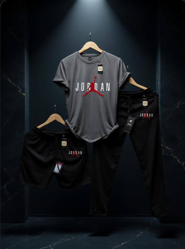 Iconic Brand Print Men’s 3-Piece Summer Kit – Graphic Tee, Jogger Pants & Athletic Shorts AZ-8882
