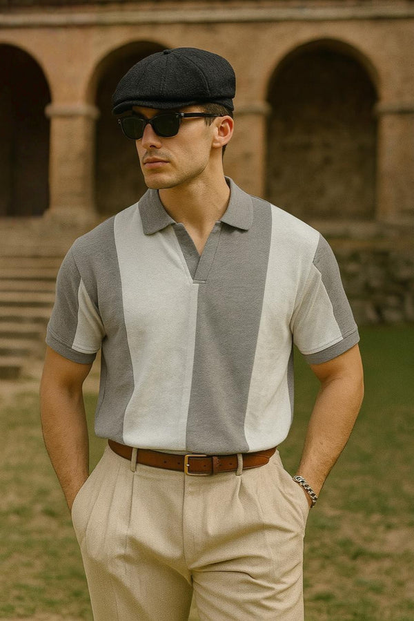 Men’s Retro Vertical Stripe Polo Shirt – Two-Tone Classic AZ -003