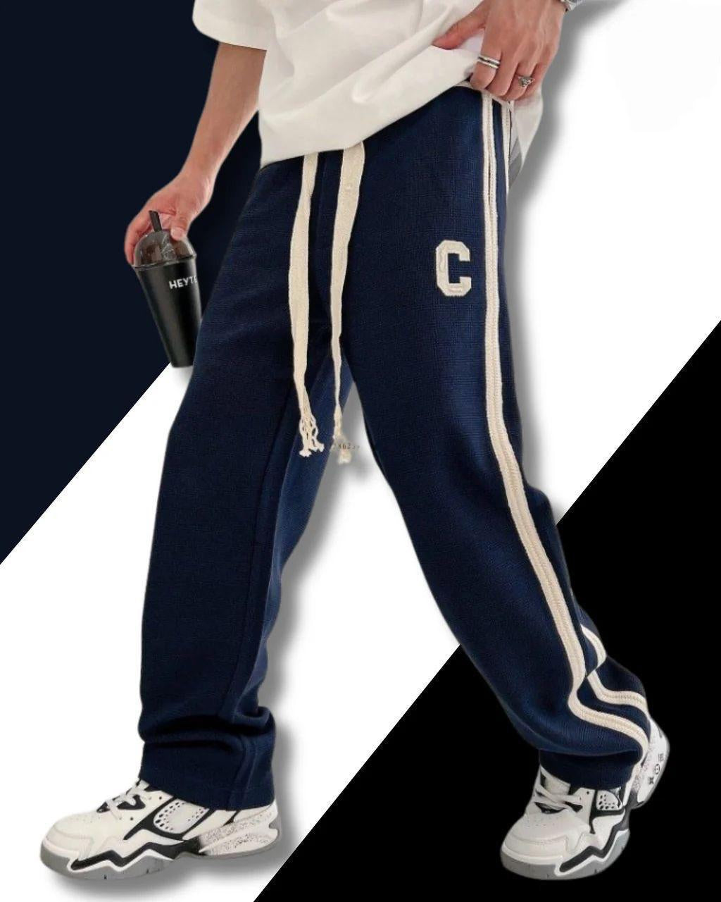 Men's Varsity Knit Sweatpants with Side Stripe and Letter Patch AZ-0033