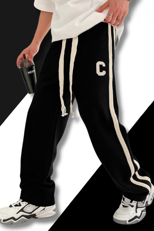 Men's Varsity Knit Sweatpants with Side Stripe and Letter Patch AZ-0033