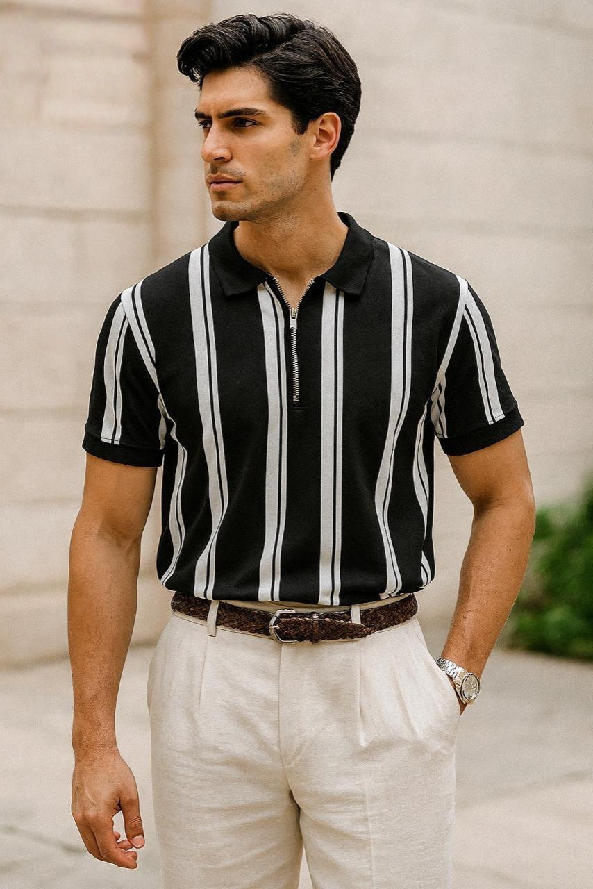 Men's Striped Polo Shirt with Quarter-Zip Collar AZ-004