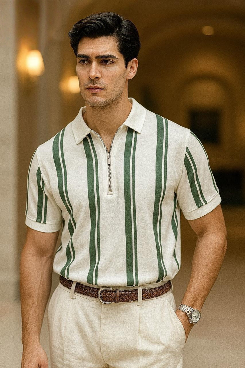 Men's Striped Polo Shirt with Quarter-Zip Collar AZ-004