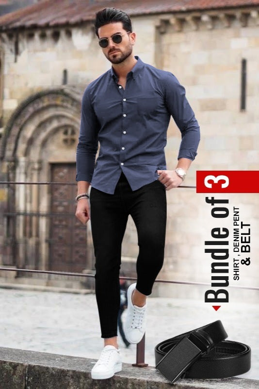 Men's Casual Shirt, Black Denim Jeans & Belt Combo - Bundle of 3 AZ-5520