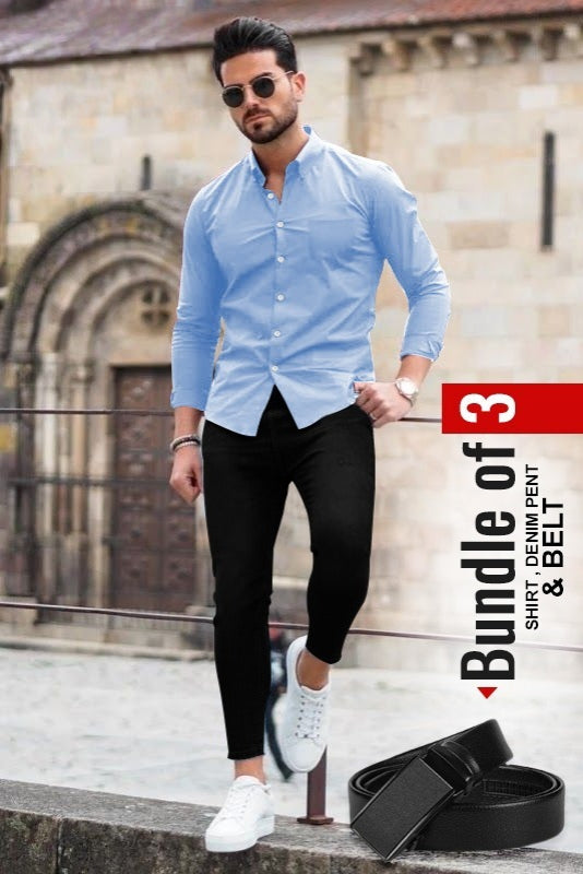 Men's Casual Shirt, Black Denim Jeans & Belt Combo - Bundle of 3 AZ-5520