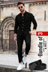 Men's Casual Shirt, Black Denim Jeans & Belt Combo - Bundle of 3 AZ-5520