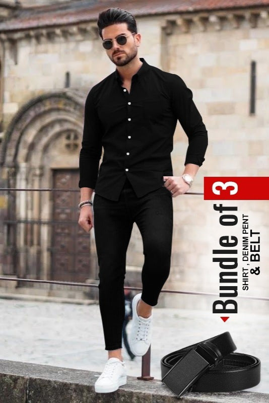 Men's Casual Shirt, Black Denim Jeans & Belt Combo - Bundle of 3 AZ-5520