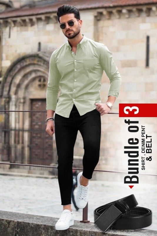 Men's Casual Shirt, Black Denim Jeans & Belt Combo - Bundle of 3 AZ-5520