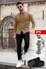 Men's Casual Shirt, Black Denim Jeans & Belt Combo - Bundle of 3 AZ-5520