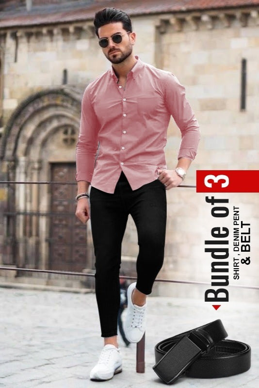 Men's Casual Shirt, Black Denim Jeans & Belt Combo - Bundle of 3 AZ-5520