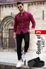 Men's Casual Shirt, Black Denim Jeans & Belt Combo - Bundle of 3 AZ-5520