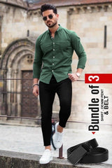 Men's Casual Shirt, Black Denim Jeans & Belt Combo - Bundle of 3 AZ-5520