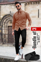 Men's Casual Shirt, Black Denim Jeans & Belt Combo - Bundle of 3 AZ-5520
