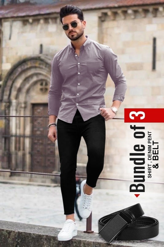 Men's Casual Shirt, Black Denim Jeans & Belt Combo - Bundle of 3 AZ-5520