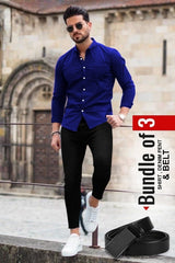 Men's Casual Shirt, Black Denim Jeans & Belt Combo - Bundle of 3 AZ-5520