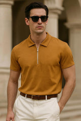 Men's Textured Zip-Up Polo Shirt