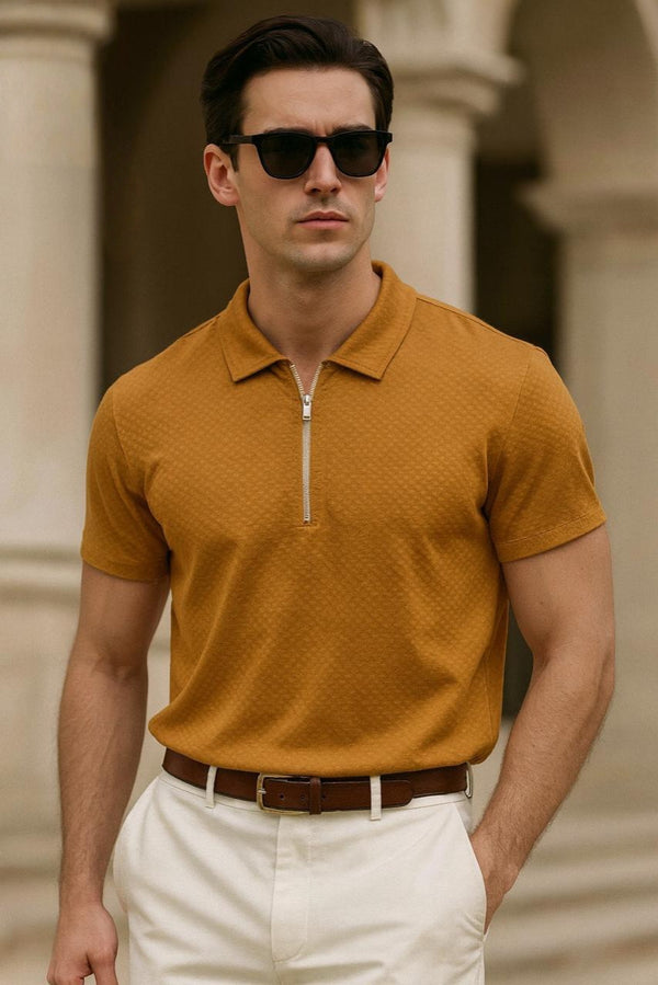 Men's Textured Zip-Up Polo Shirt