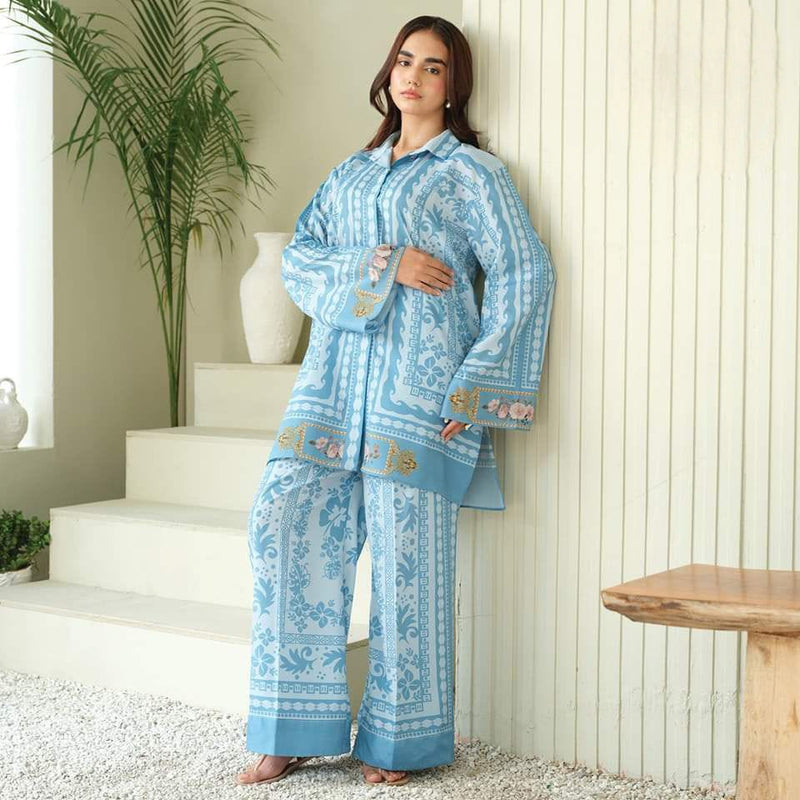 Women's Two-Piece Blue Floral Printed Co-ord Set AZ-3320