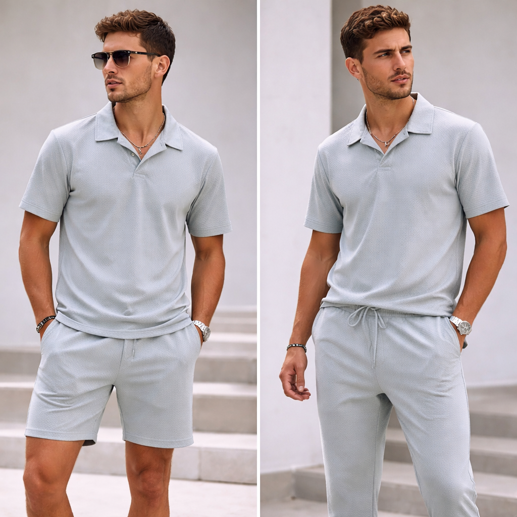 Zara Men’s 3-Piece Textured Summer Lounge Set – Polo Shirt, Joggers, and Shorts