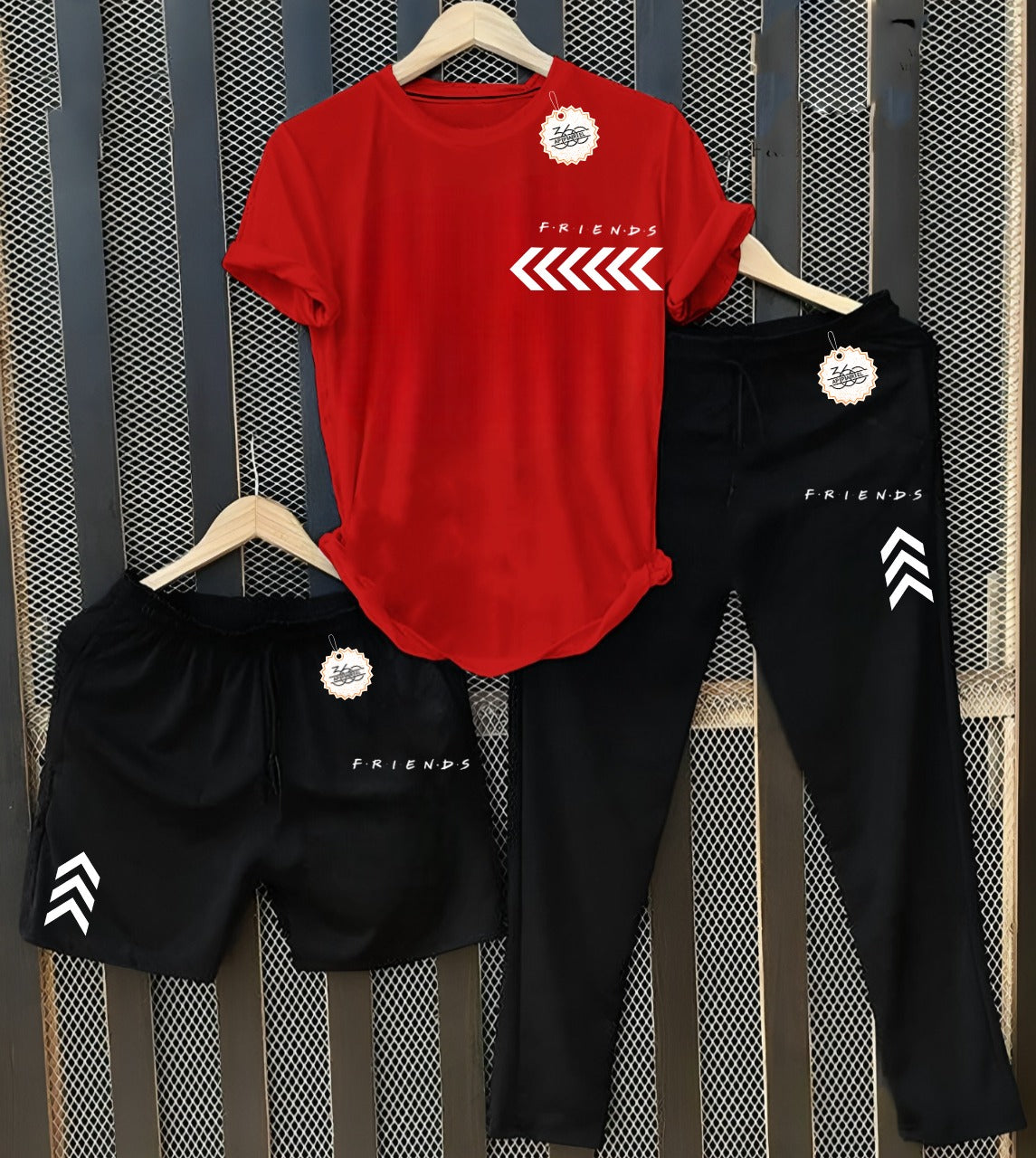 Men's Friends T-Shirt with Black Joggers & Shorts Combo (3-Piece Set) AZ-5503