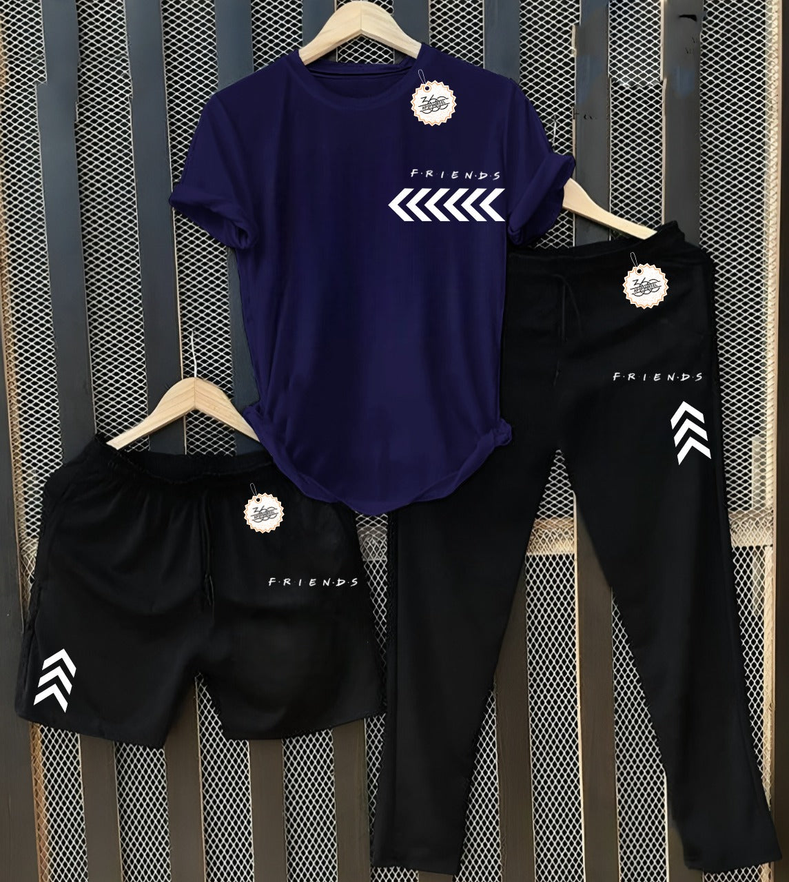 Men's Friends T-Shirt with Black Joggers & Shorts Combo (3-Piece Set) AZ-5503