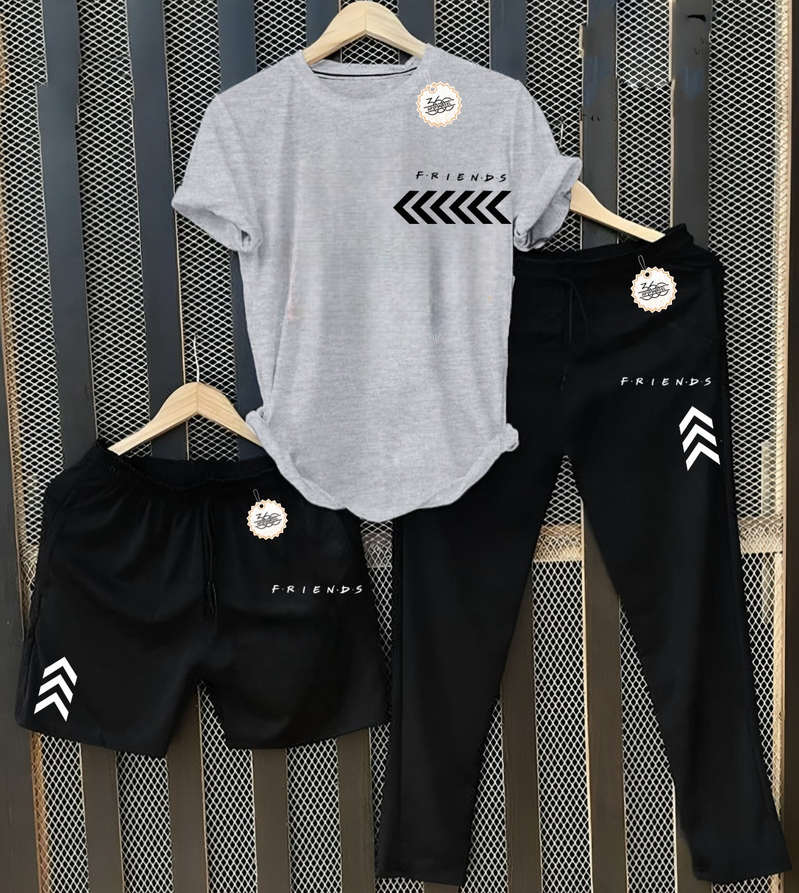 Men's Friends T-Shirt with Black Joggers & Shorts Combo (3-Piece Set) AZ-5503