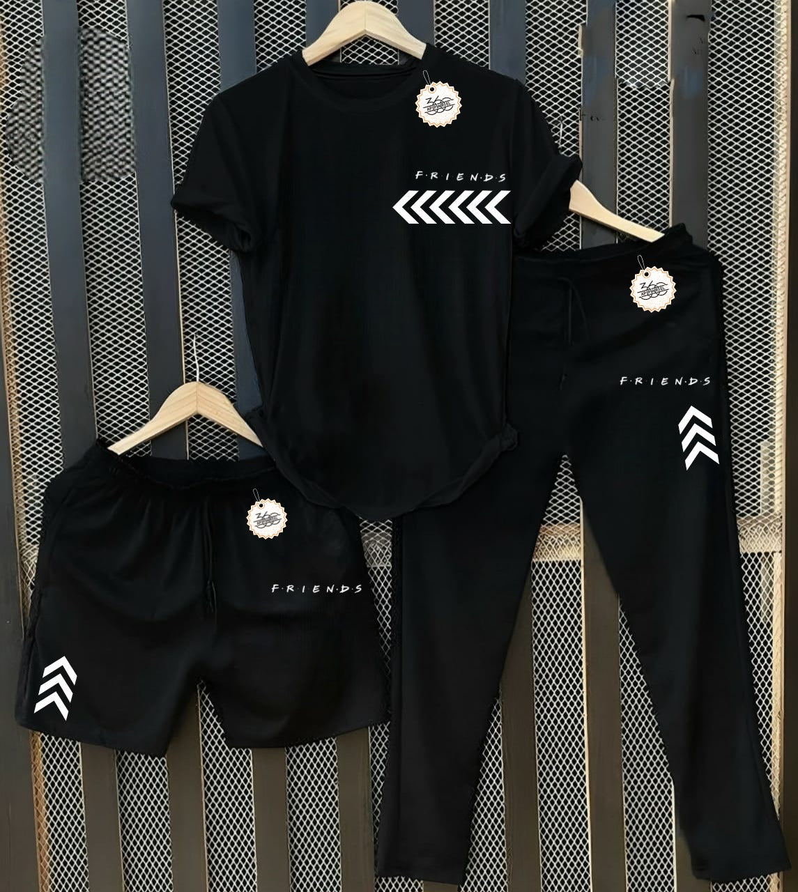Men's Friends T-Shirt with Black Joggers & Shorts Combo (3-Piece Set) AZ-5503