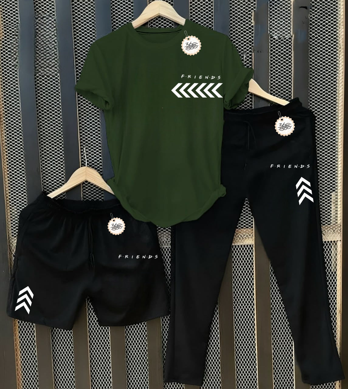 Men's Friends T-Shirt with Black Joggers & Shorts Combo (3-Piece Set) AZ-5503