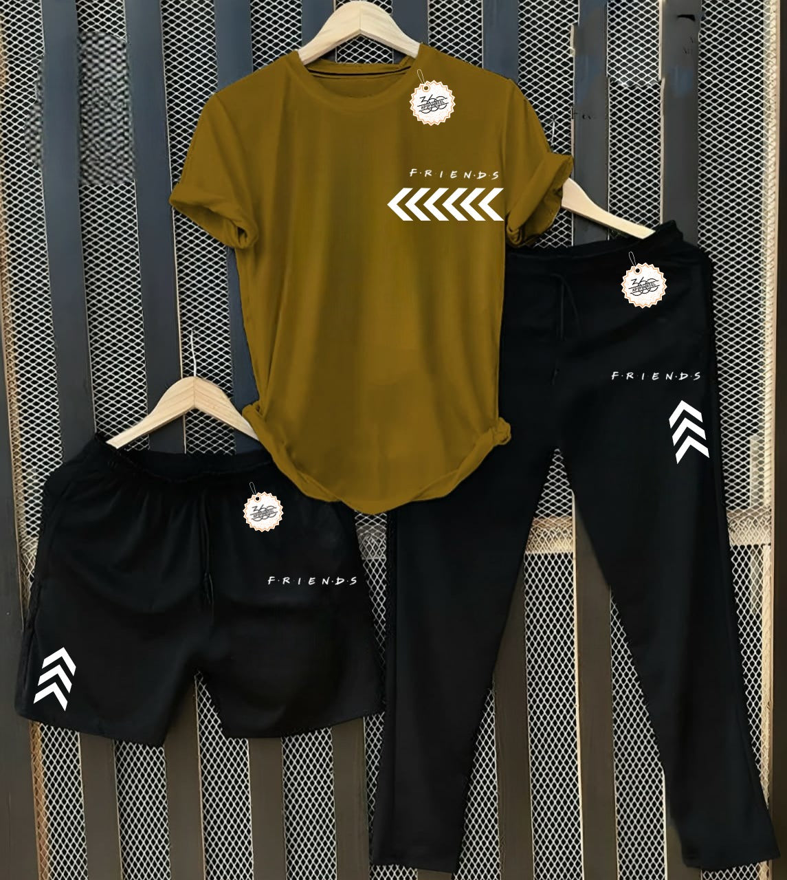 Men's Friends T-Shirt with Black Joggers & Shorts Combo (3-Piece Set) AZ-5503
