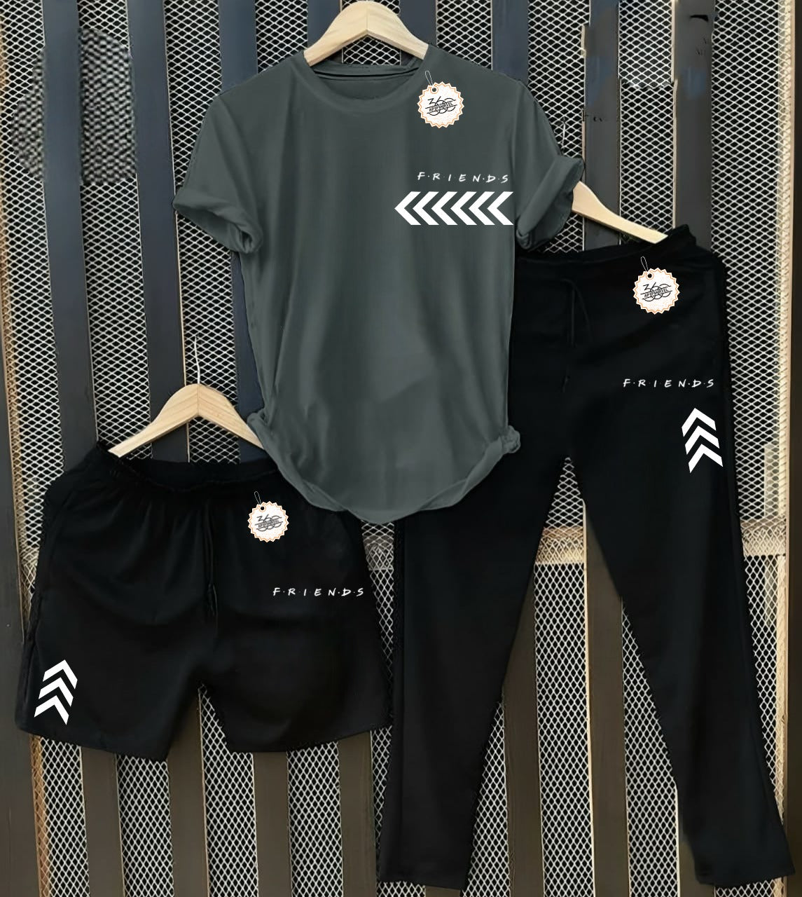 Men's Friends T-Shirt with Black Joggers & Shorts Combo (3-Piece Set) AZ-5503
