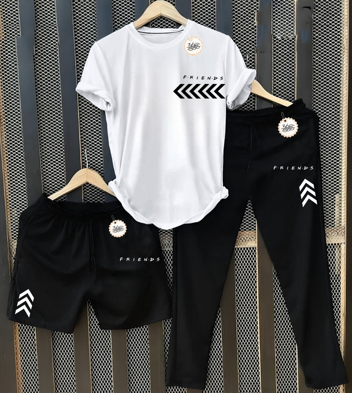 Men's Friends T-Shirt with Black Joggers & Shorts Combo (3-Piece Set) AZ-5503