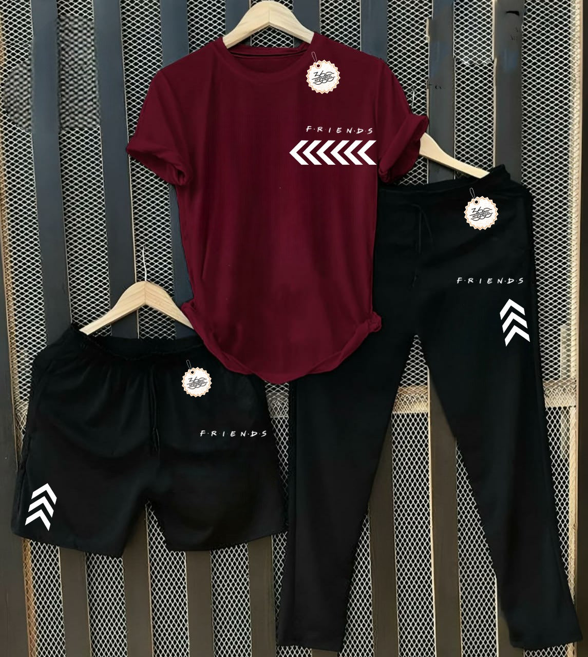 Men's Friends T-Shirt with Black Joggers & Shorts Combo (3-Piece Set) AZ-5503
