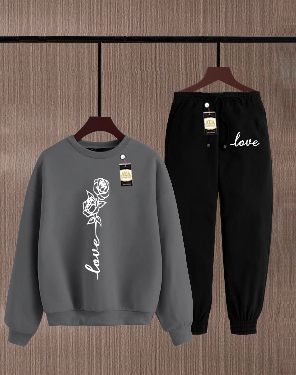 Grey and Black Graphic Sweatshirt and Jogger Set AZ-4444