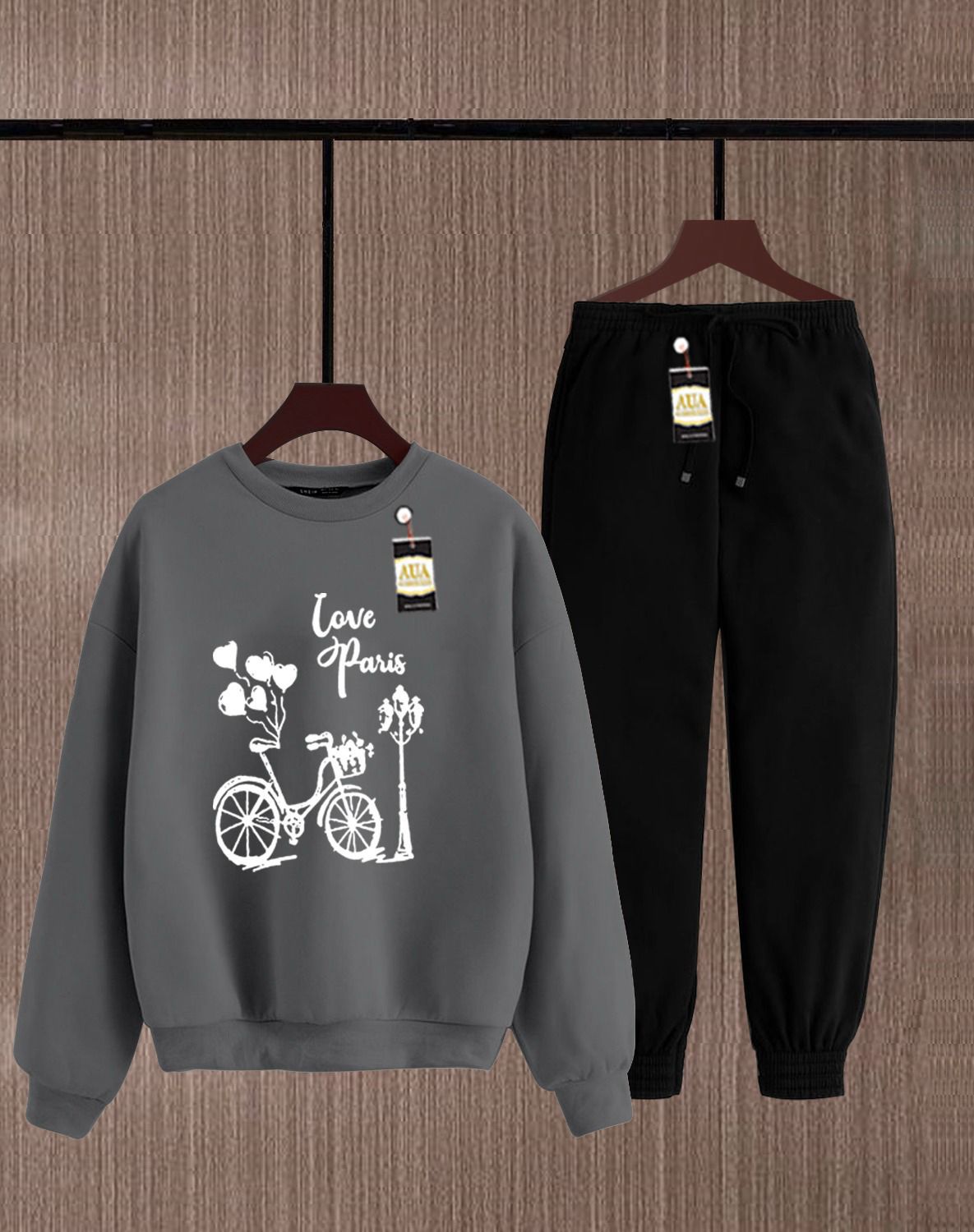 Grey and Black Graphic Sweatshirt and Jogger Set AZ-4444