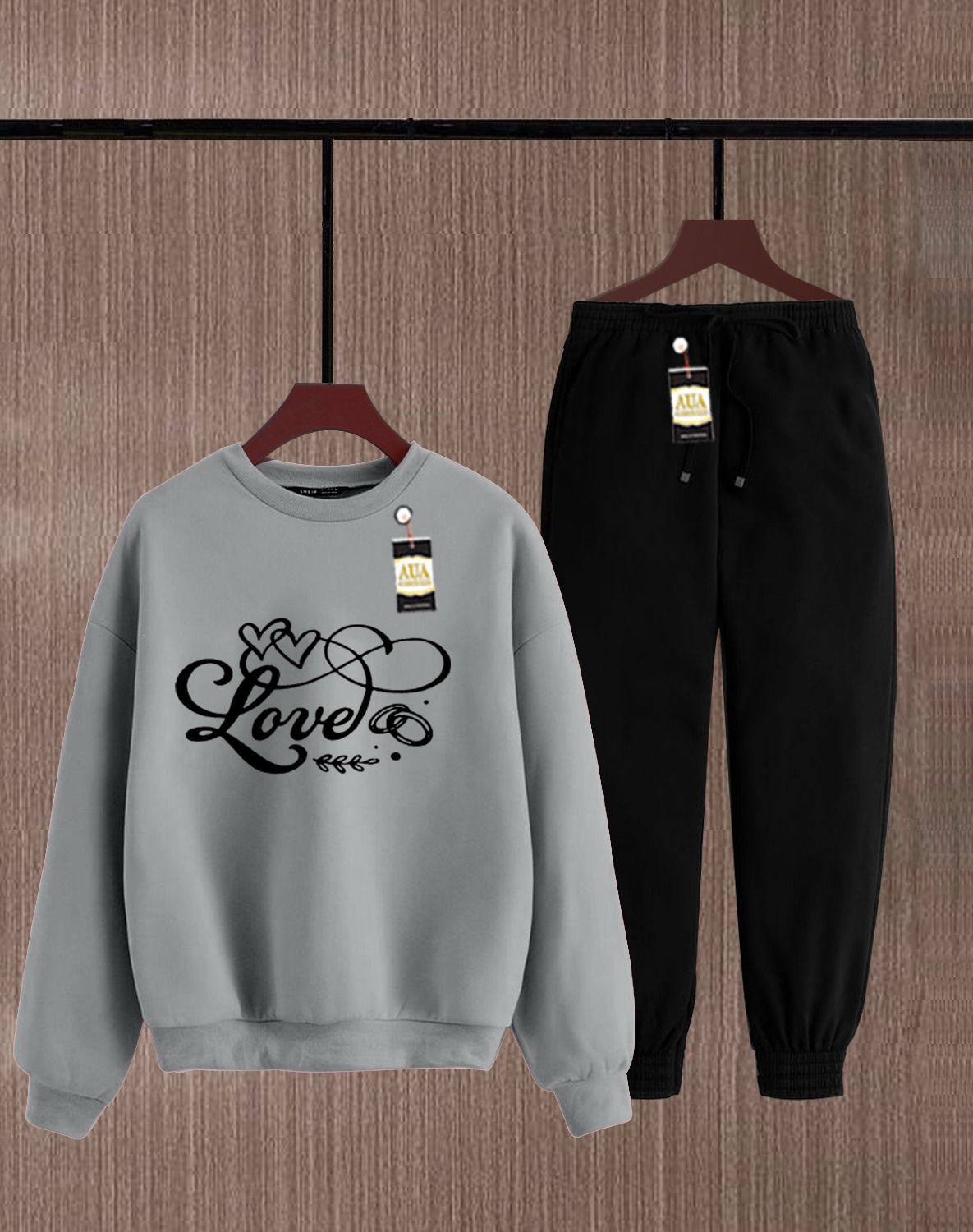Grey and Black Graphic Sweatshirt and Jogger Set AZ-4444