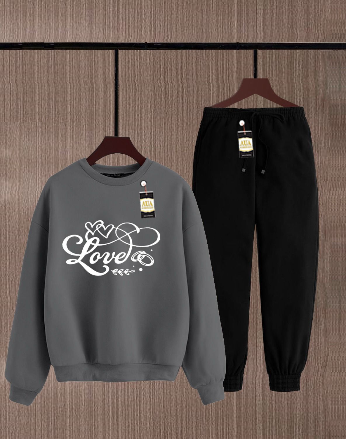 Grey and Black Graphic Sweatshirt and Jogger Set AZ-4444