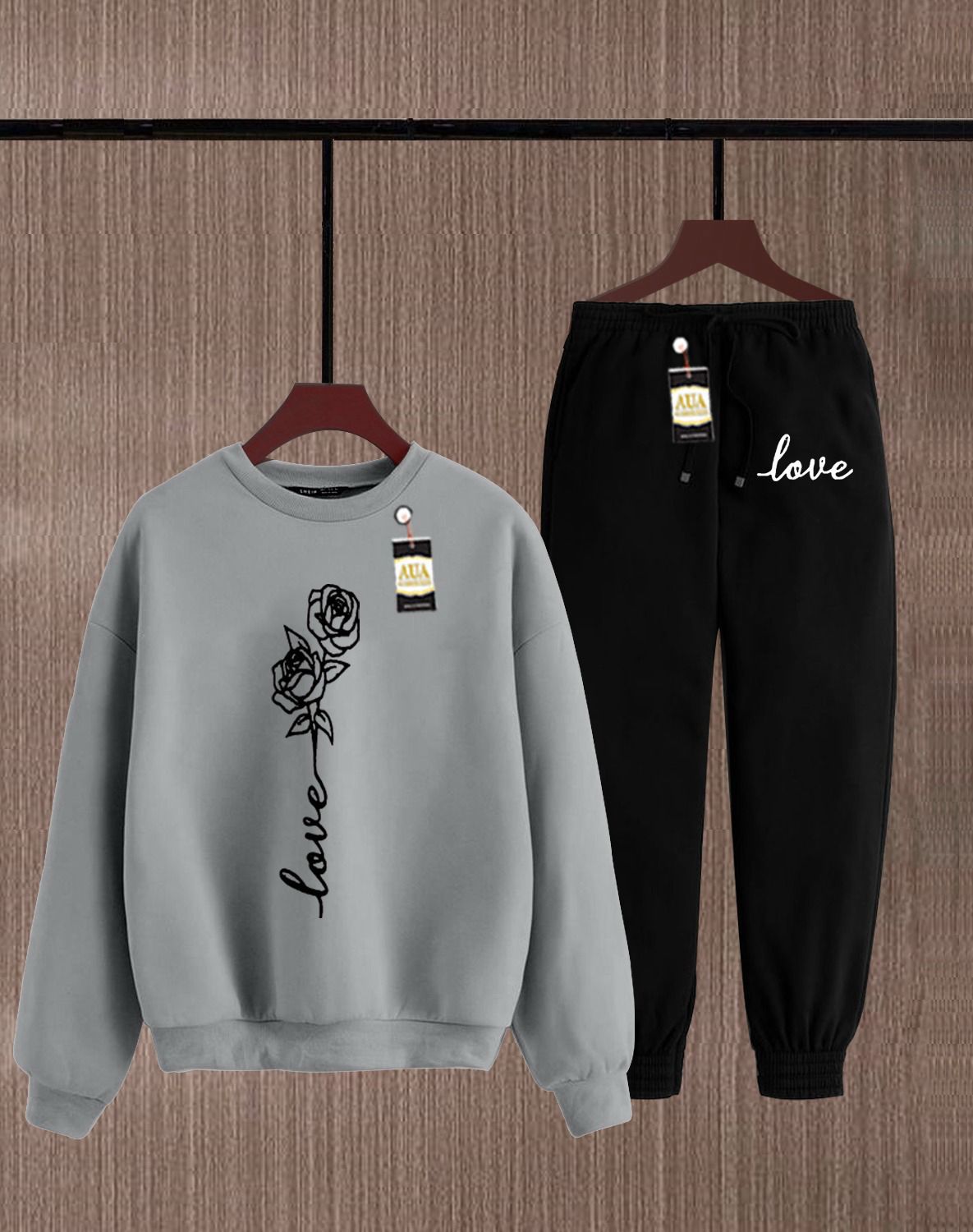 Grey and Black Graphic Sweatshirt and Jogger Set AZ-4444