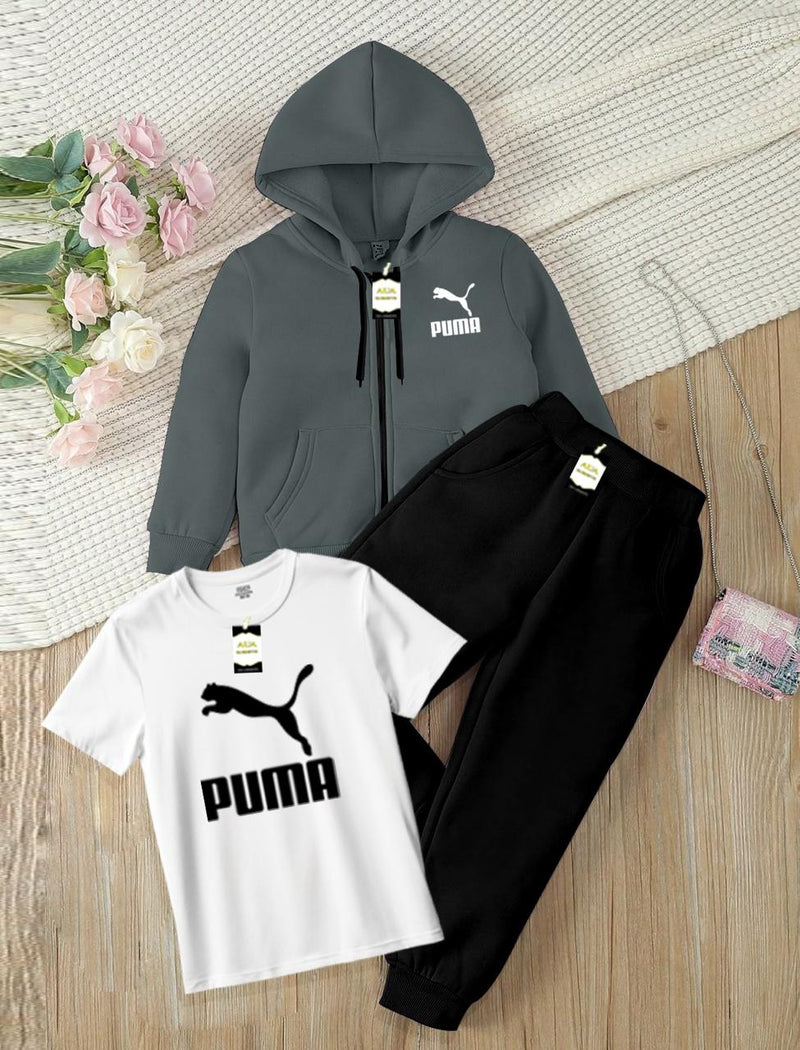 Kids' 3-Piece Tracksuit Set: Zipper Hoodie, Graphic T-Shirt, and Jogger Pants AZ-0055