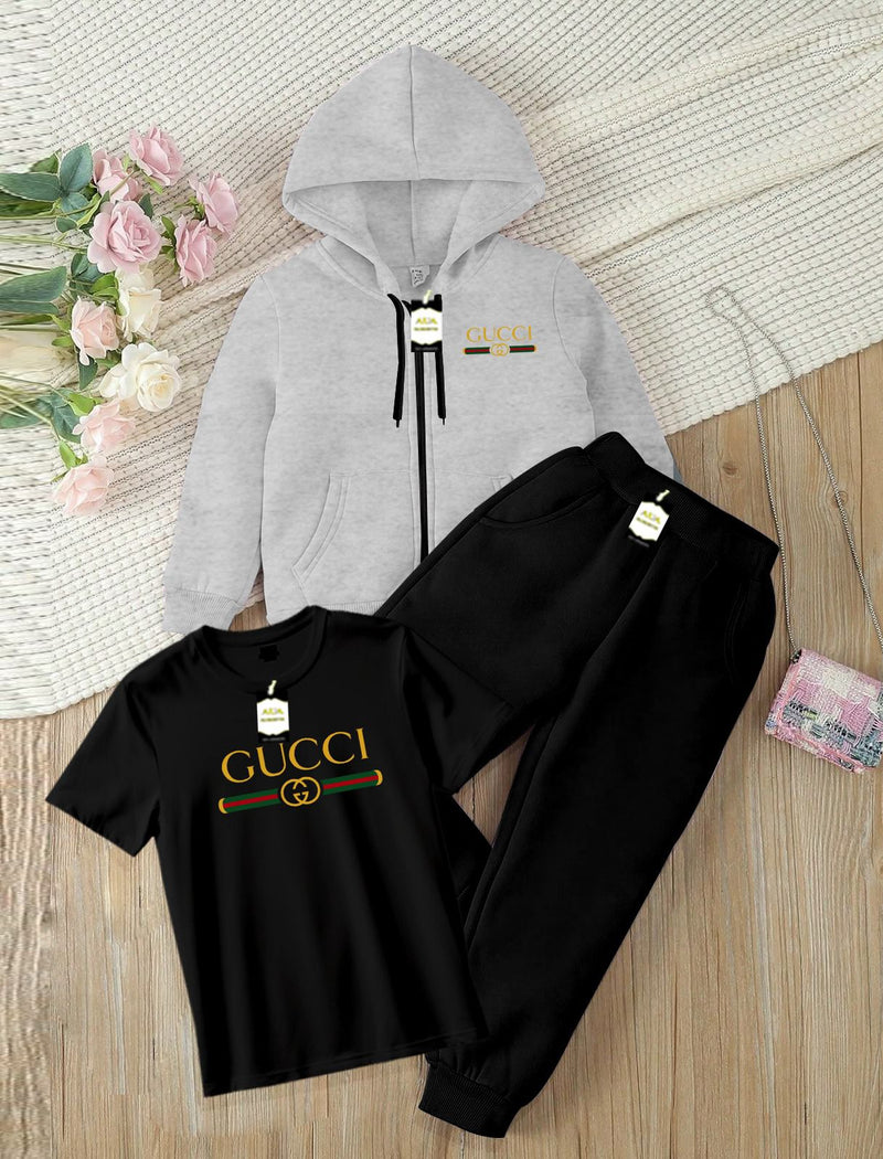 Kids' 3-Piece Tracksuit Set: Zipper Hoodie, Graphic T-Shirt, and Jogger Pants AZ-0055