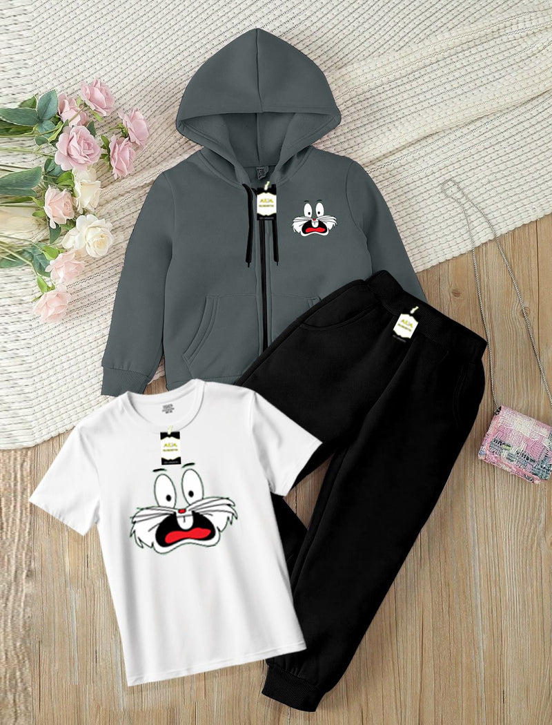 Kids' 3-Piece Tracksuit Set: Zipper Hoodie, Graphic T-Shirt, and Jogger Pants AZ-0055