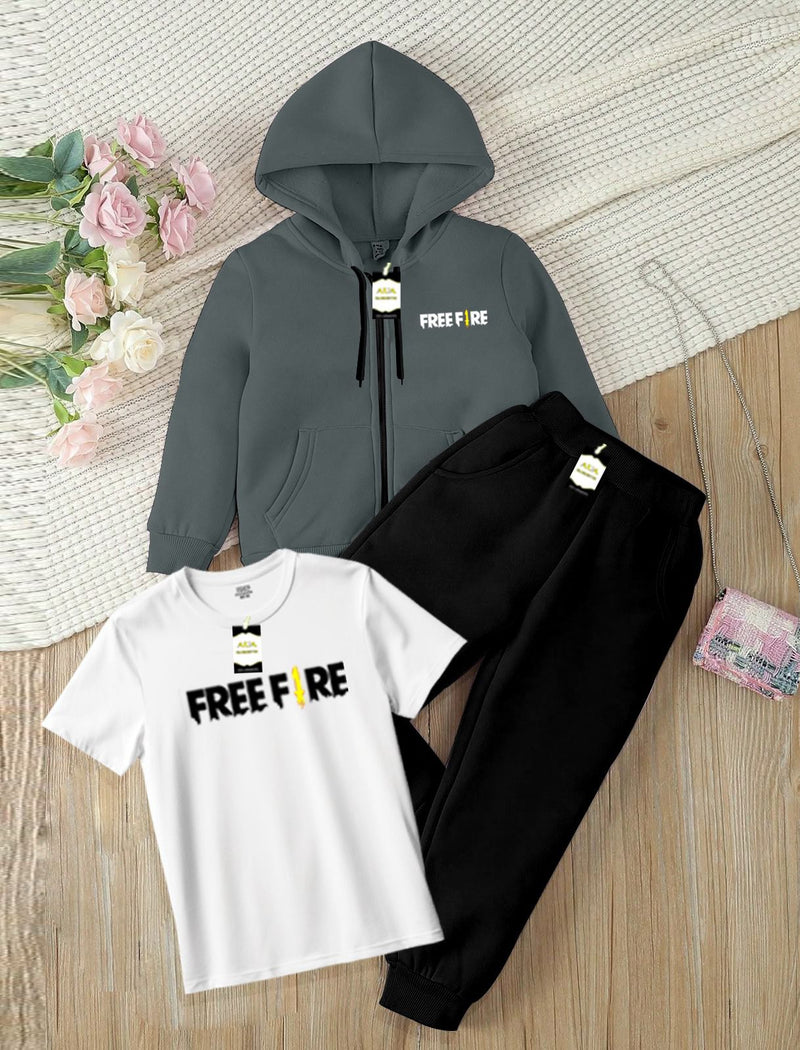 Kids' 3-Piece Tracksuit Set: Zipper Hoodie, Graphic T-Shirt, and Jogger Pants AZ-0055