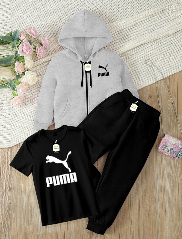 Kids' 3-Piece Tracksuit Set: Zipper Hoodie, Graphic T-Shirt, and Jogger Pants AZ-0055