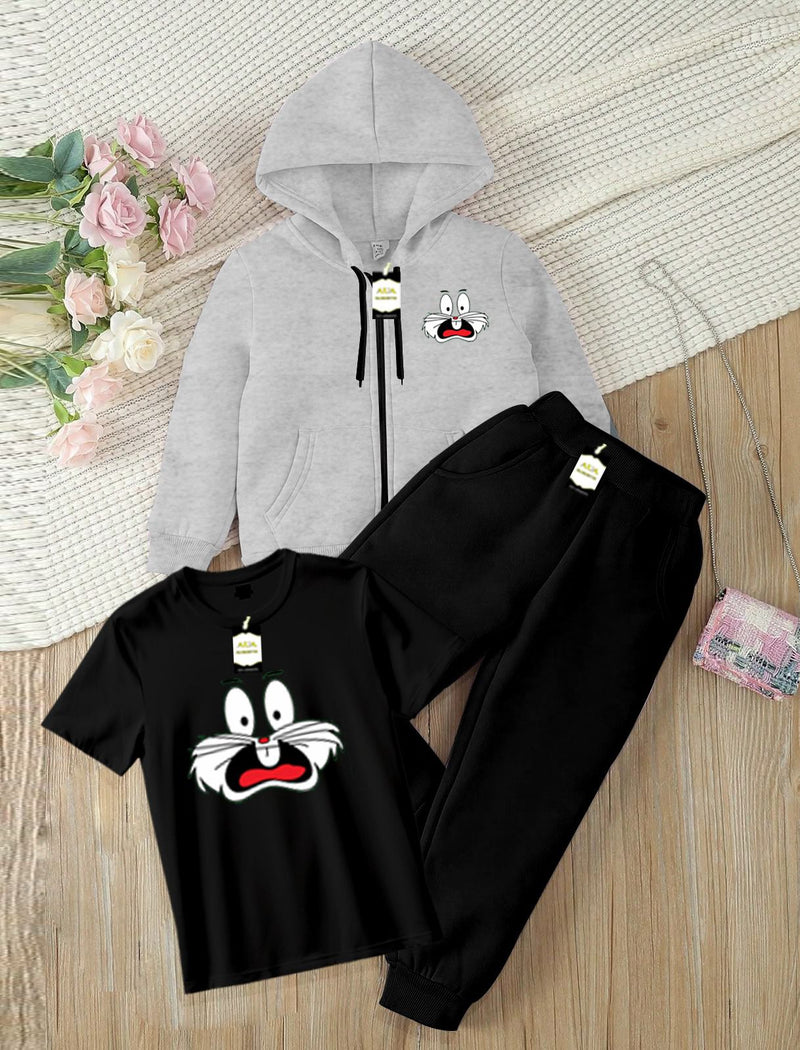 Kids' 3-Piece Tracksuit Set: Zipper Hoodie, Graphic T-Shirt, and Jogger Pants AZ-0055