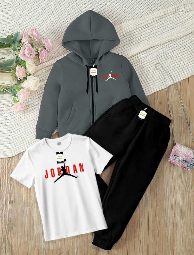 Kids' 3-Piece Tracksuit Set: Zipper Hoodie, Graphic T-Shirt, and Jogger Pants AZ-0055