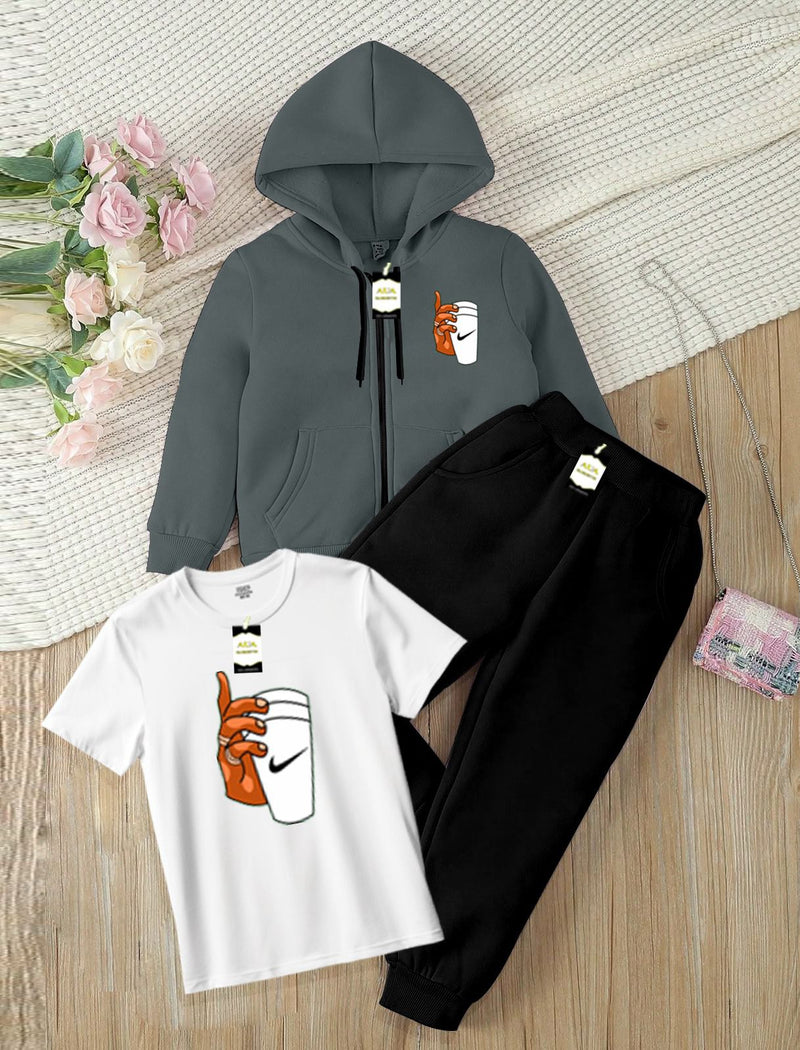 Kids' 3-Piece Tracksuit Set: Zipper Hoodie, Graphic T-Shirt, and Jogger Pants AZ-0055