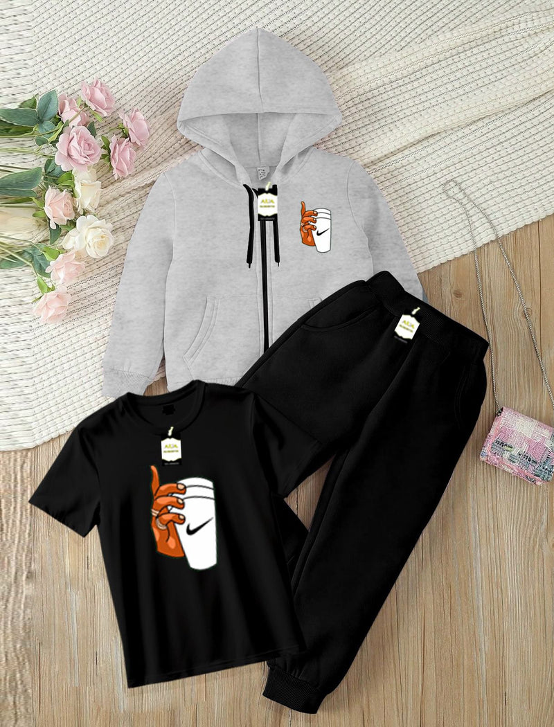 Kids' 3-Piece Tracksuit Set: Zipper Hoodie, Graphic T-Shirt, and Jogger Pants AZ-0055