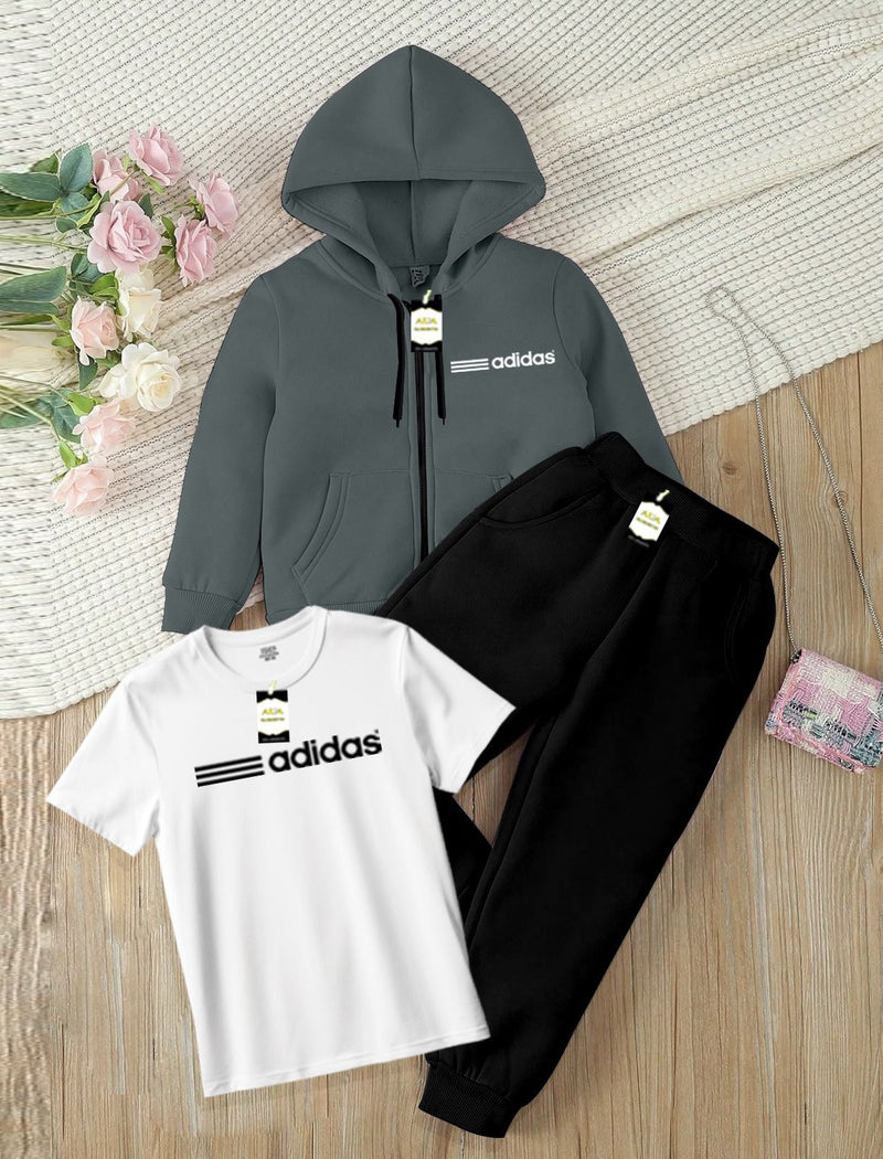 Kids' 3-Piece Tracksuit Set: Zipper Hoodie, Graphic T-Shirt, and Jogger Pants AZ-0055