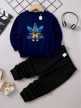Kids' Graphic Crewneck Sweatshirt & Black Jogger Set – Cozy 2-Piece Fall/Winter Tracksuit AZ-1166